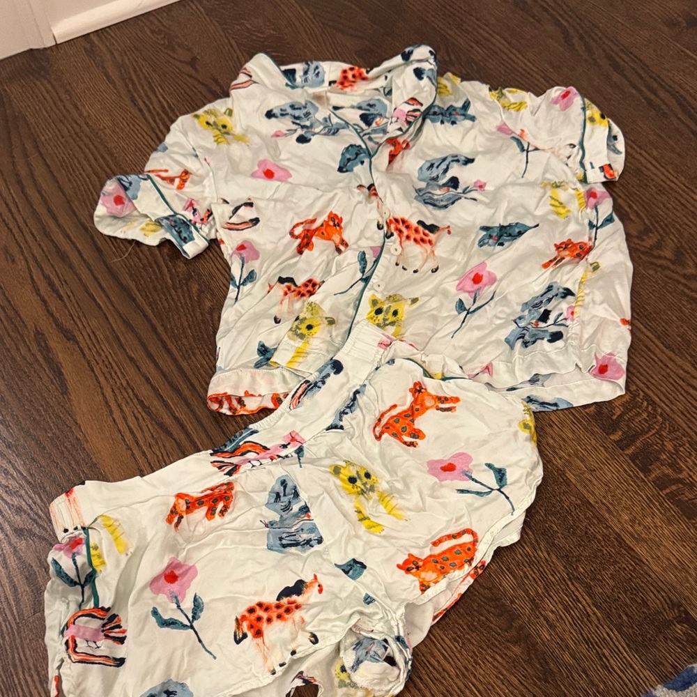 Anthropologie White Floral & Animal Print Short Pajama Set